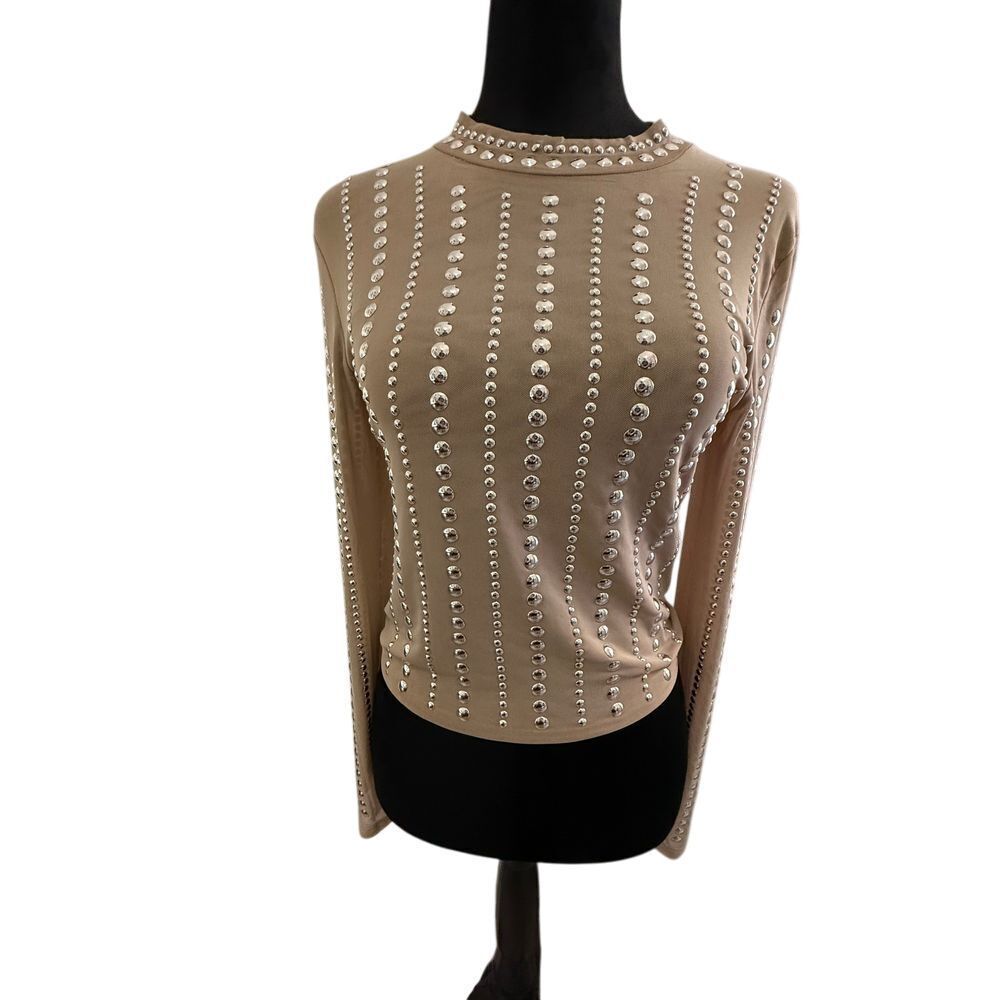 Lizette‎ Collection Beige Long Sleeve Top with Silver Studded Details